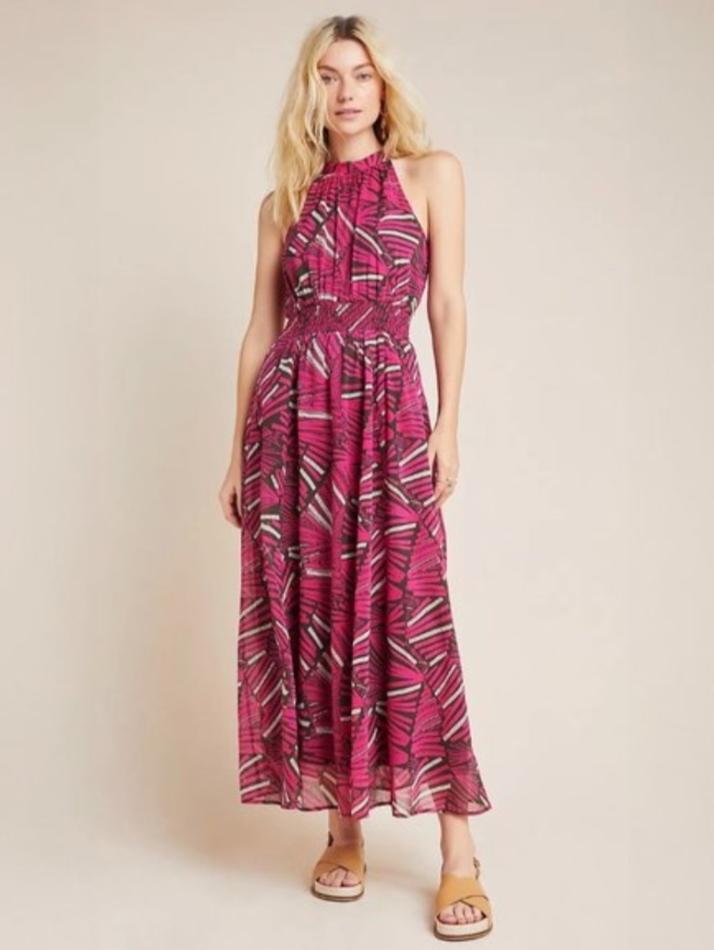 Maeve Pink Palm Tropical Halter Maxi Dress Anthropologie Summer Sundress